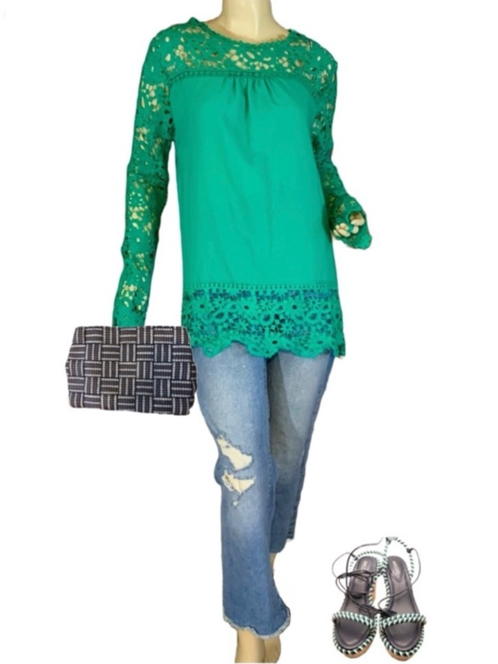 GREEN CROCHET TRIMMED LONG SLEEVE FASHION TUNIC (M)